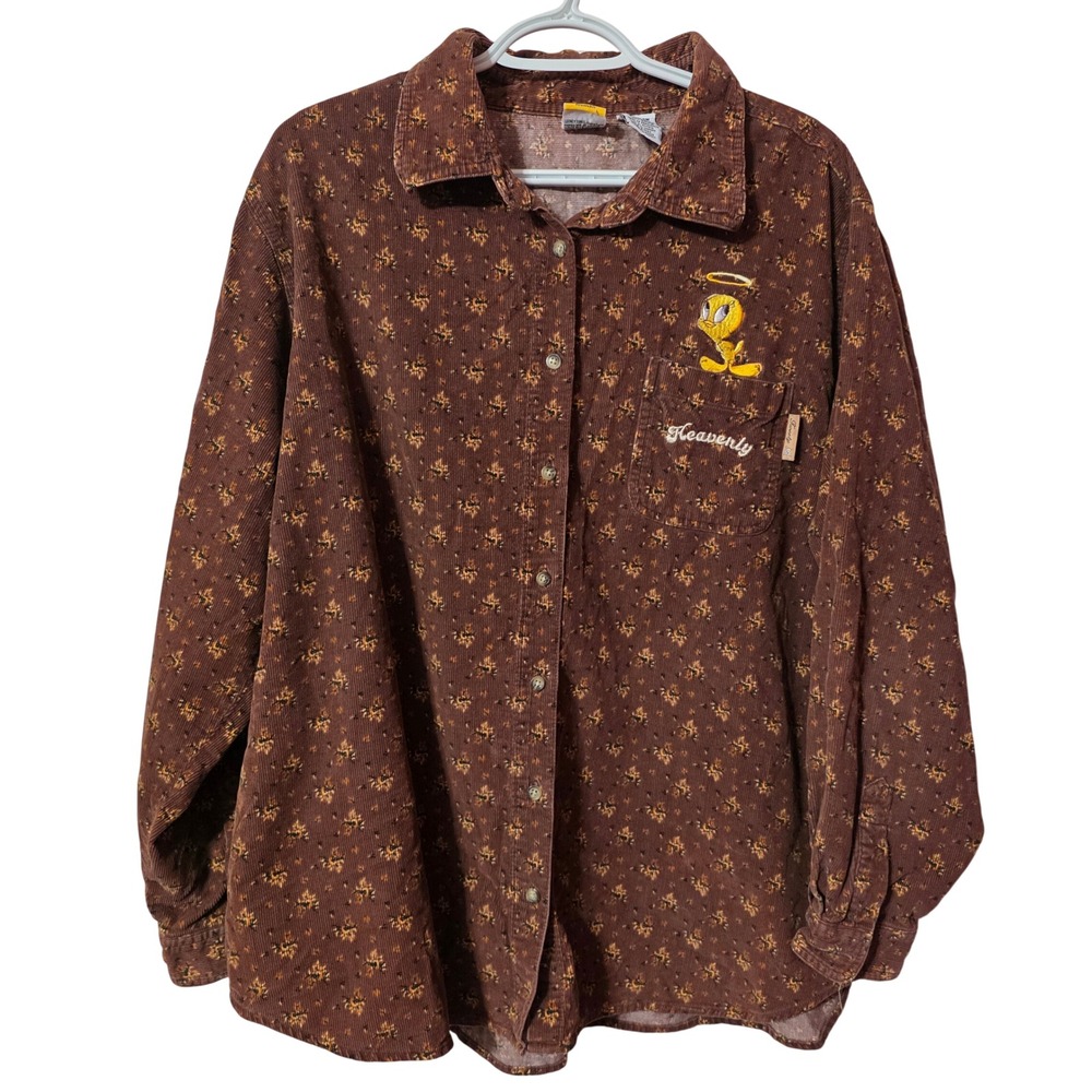 Looney Tunes Women 22W/24W Corduroy Shirt Brown Tweety Bird Vintage Floral 90s